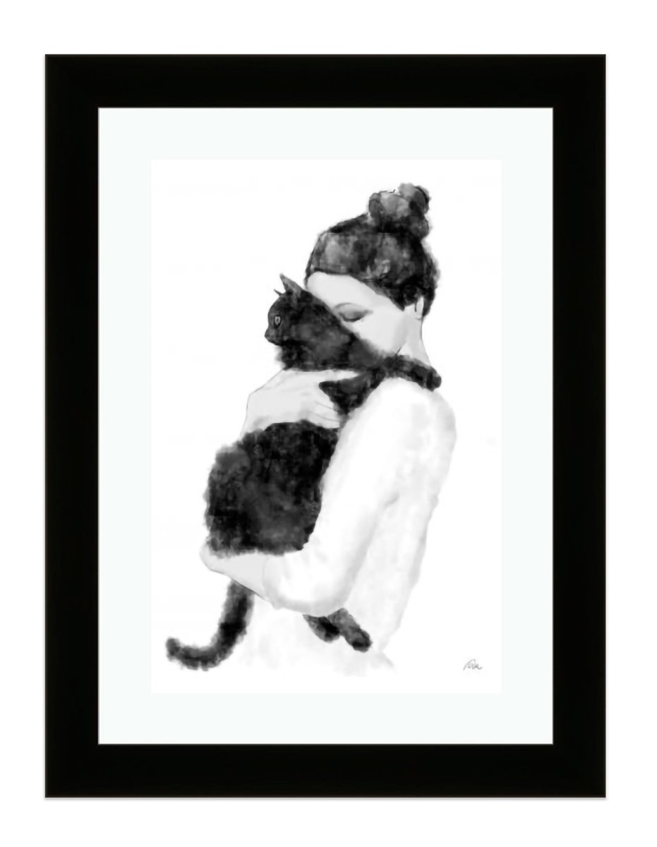 Black Cat Illustration Wall Art Framed Mounted Print Picture - 1X2054196 - Art Fever - Art Fever