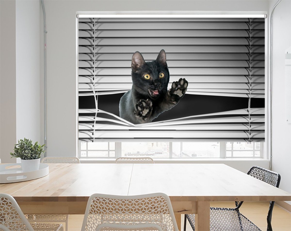 Black Kitten Peeking through the blind Printed Picture Photo Roller Blind - RB1132 - Art Fever - Art Fever