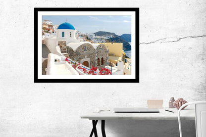 Blue Dome On Traditional Greek Church In Santorini Framed Mounted Print Picture - FP70 - Art Fever - Art Fever