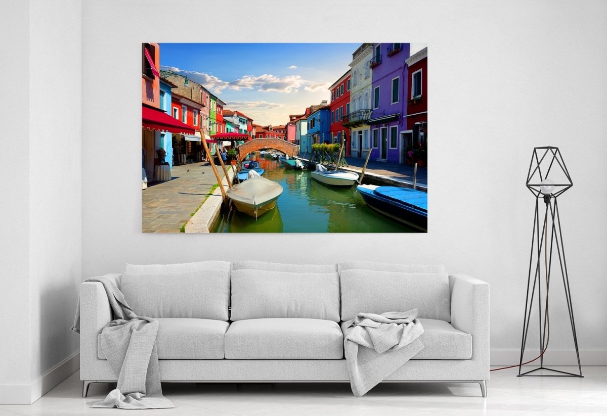 Bright Colorful Houses And Water Street In Burano, Italy Printed Canvas Print Picture - SPC156 - Art Fever - Art Fever