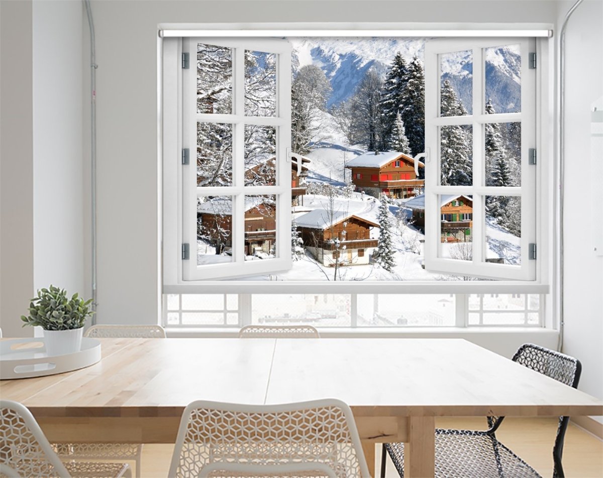 Chalets On the Snow Mountain Through The Window Christmas Scene Printed Picture Photo Roller Blind - RB1050 - Art Fever - Art Fever
