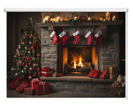 Christmas Decorations over Log Fire Painting Style Printed Picture Photo Roller Blind - RB1315 - Art Fever - Art Fever