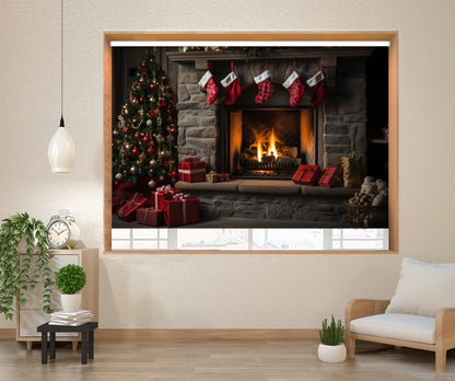 Christmas Decorations over Log Fire Painting Style Printed Picture Photo Roller Blind - RB1315 - Art Fever - Art Fever