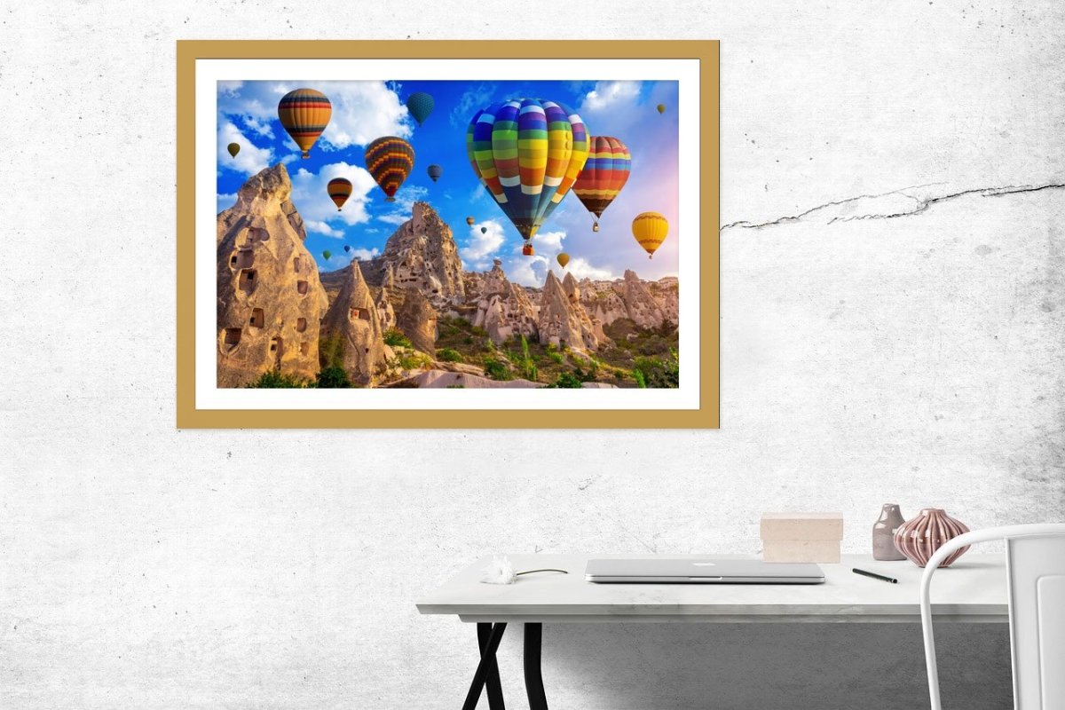 Colorful Hot Air Balloon Flying Over Cappadocia Turkey Framed Mounted Print Picture - FP80 - Art Fever - Art Fever