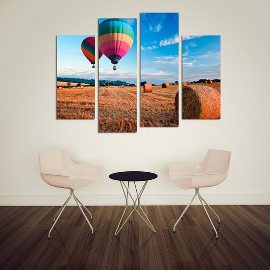 CWA4 - Hot Air Balloons over the hay Field 4 Panel Canvas Wall Art - Art Fever - Art Fever