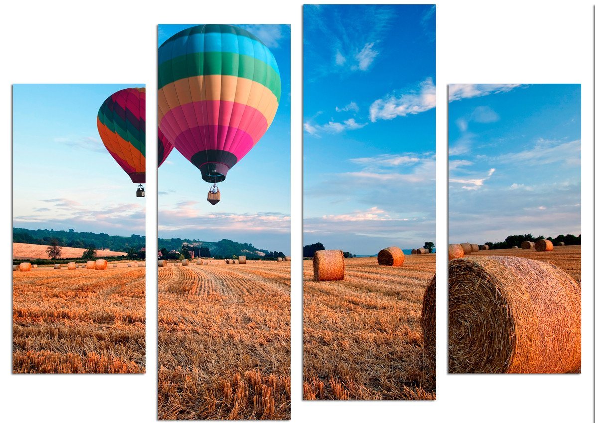 CWA4 - Hot Air Balloons over the hay Field 4 Panel Canvas Wall Art - Art Fever - Art Fever