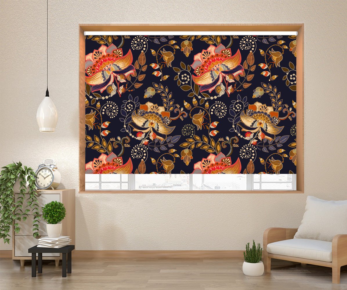 Decorative Floral Pattern with Embroidery Effect Printed Photo Roller Blind - RB1235 - Art Fever - Art Fever