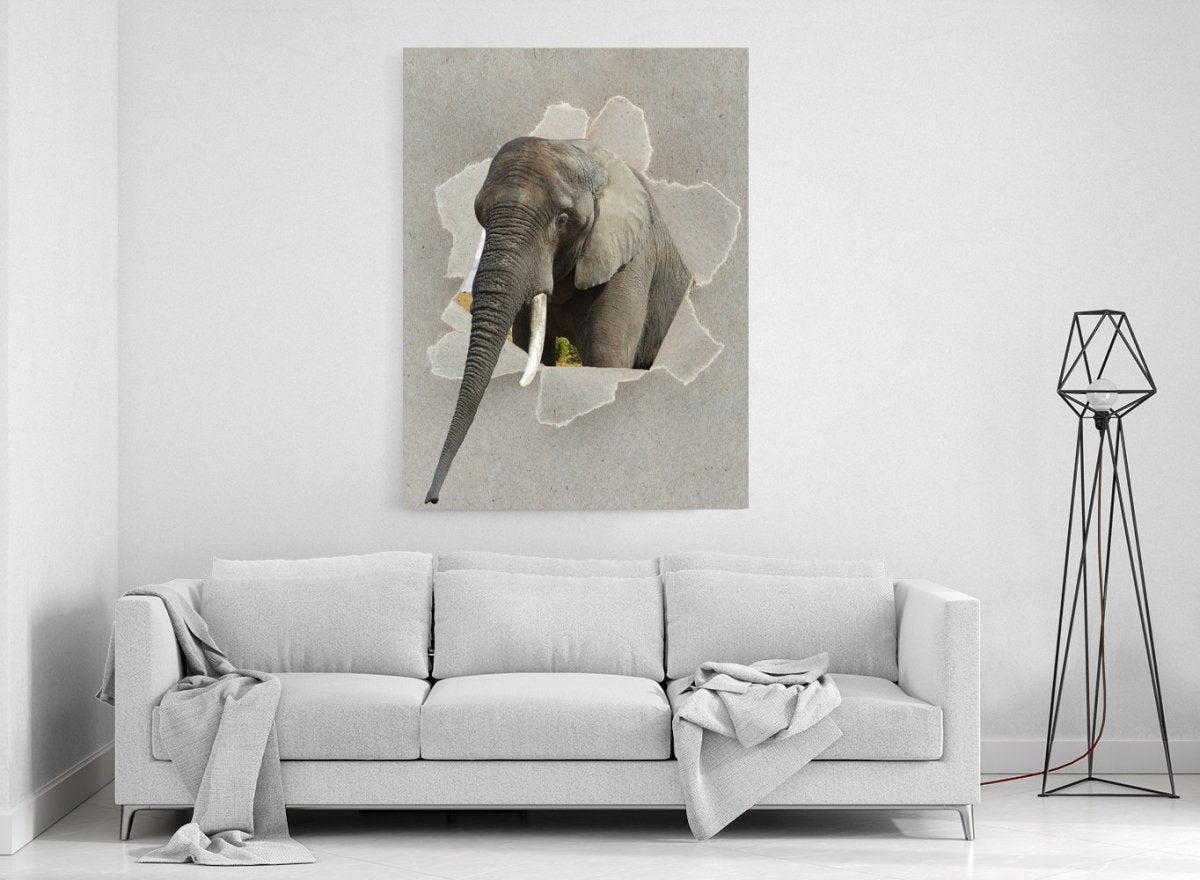 Elephant Peeking through the Canvas Safari Scene Printed Canvas Print Picture - SPC180 - Art Fever - Art Fever