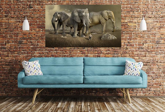 Elephants Wildlife Scene Image Printed Onto A Single Panel Canvas - SPC85 - Art Fever - Art Fever
