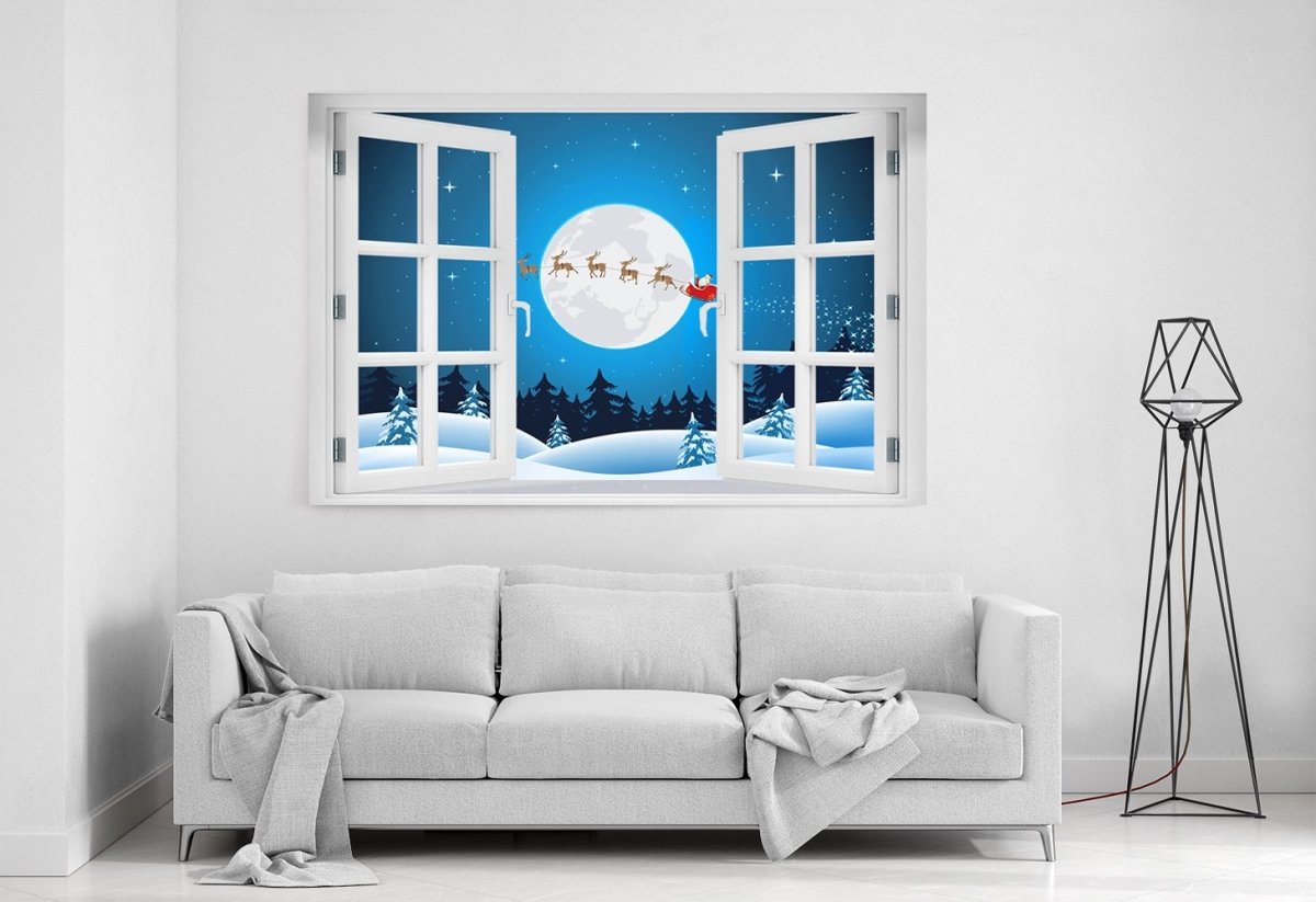 Father Christmas & Reindeer Through the Window Printed Canvas Print Picture - SPC177 - Art Fever - Art Fever