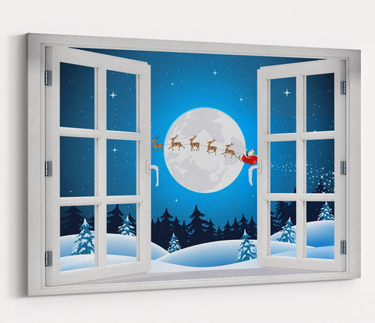 Father Christmas & Reindeer Through the Window Printed Canvas Print Picture - SPC177 - Art Fever - Art Fever