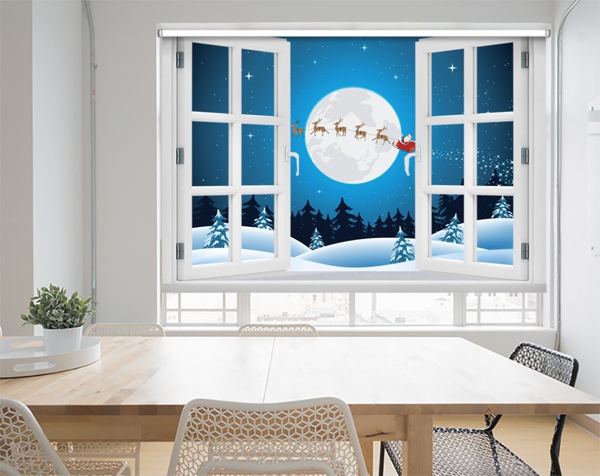 Father Christmas & Reindeer Through the Window Printed Picture Photo Roller Blind - RB1052 - Art Fever - Art Fever