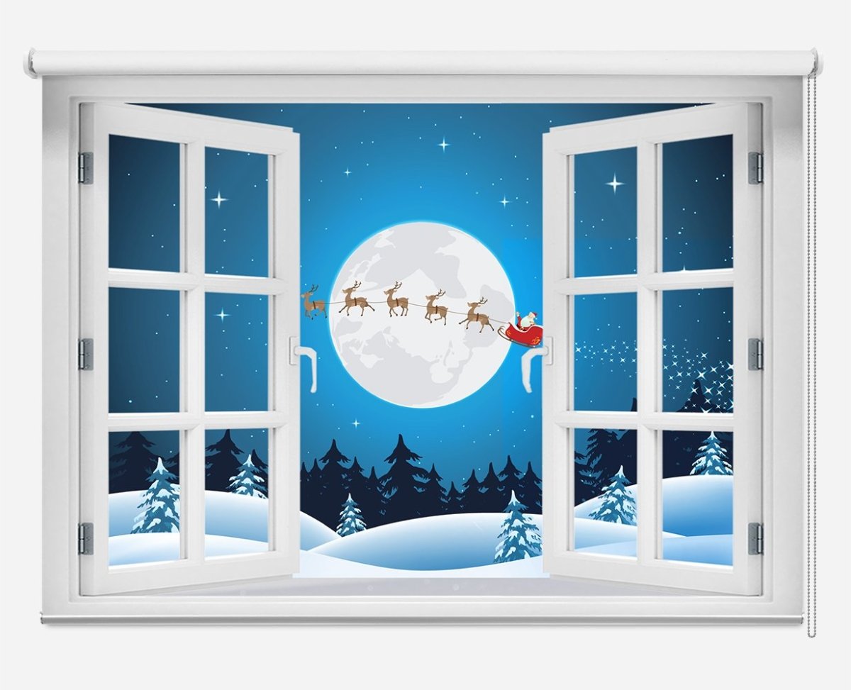 Father Christmas & Reindeer Through the Window Printed Picture Photo Roller Blind - RB1052 - Art Fever - Art Fever