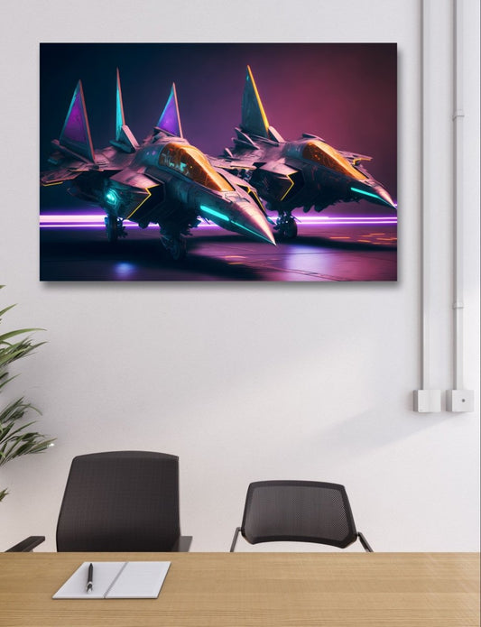Futuristic Fighter Jet Pop Art Neon Ai Illustration Canvas Print Picture Wall Art - SPC215 - Art Fever - Art Fever