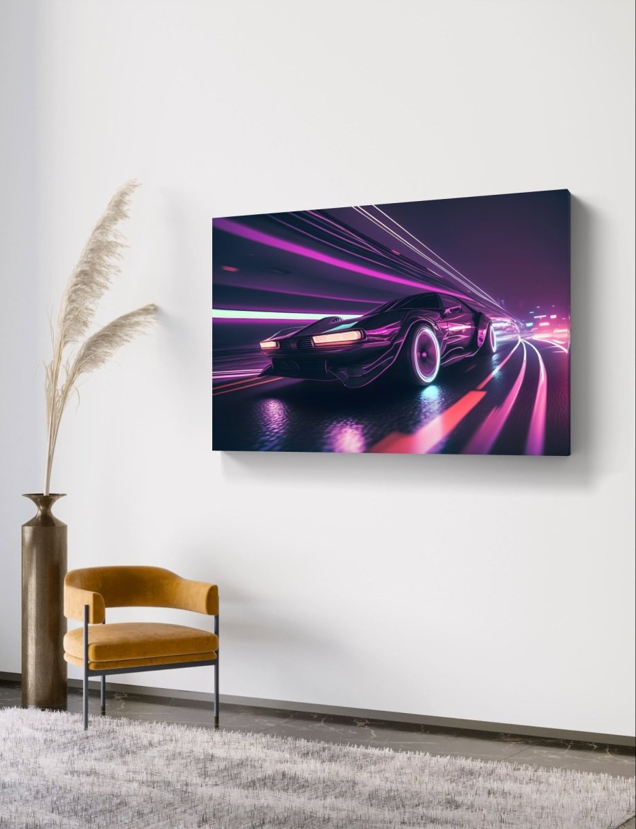 Futuristic Sports Car Purple Pop Art Neon Ai Illustration Canvas Print Picture Wall Art - SPC217 - Art Fever - Art Fever