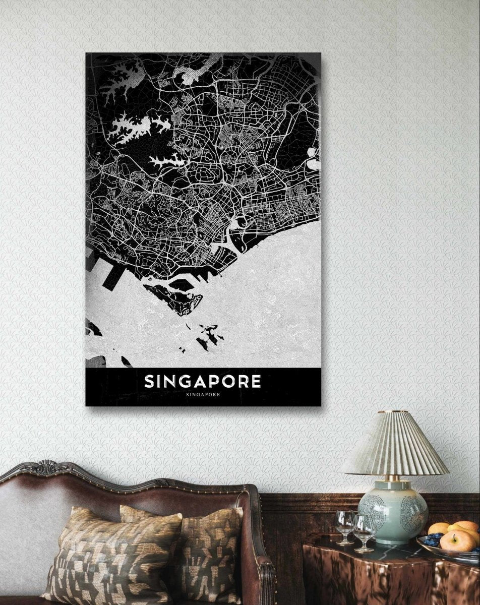 Illustrated Map of Singapore Monochrome Canvas Print Wall Art Picture - 1X2377411 - Art Fever - Art Fever