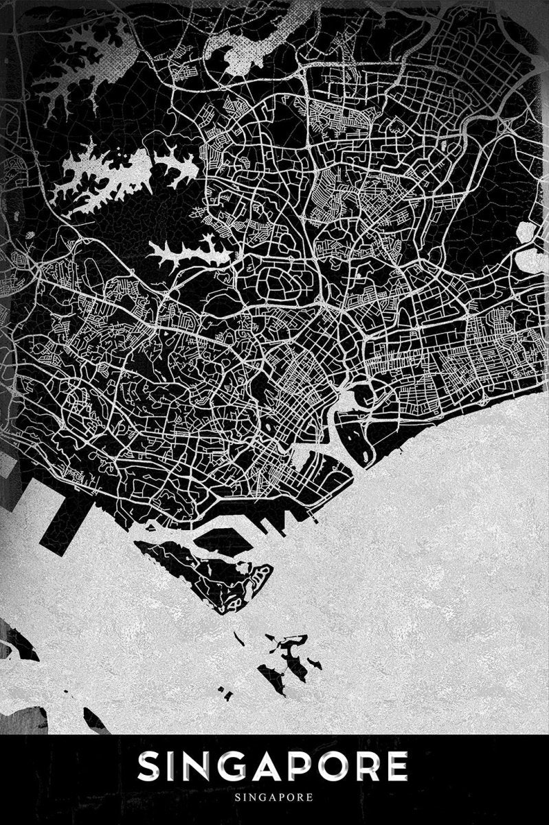 Illustrated Map of Singapore Monochrome Canvas Print Wall Art Picture - 1X2377411 - Art Fever - Art Fever