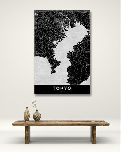 Illustrated Map of Tokyo Monochrome Canvas Print Wall Art Picture - 1X2375807 - Art Fever - Art Fever