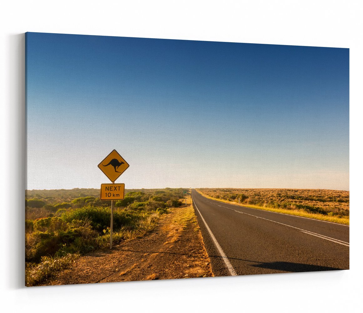 Kangaroo Crossing Road Sign Warning Drivers In Australia Canvas Print Picture - SPC252 - Art Fever - Art Fever