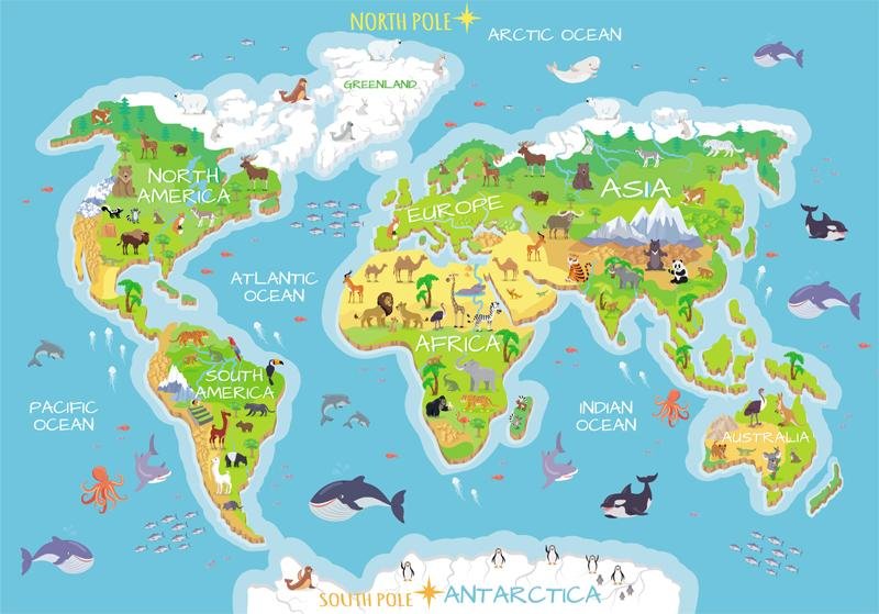 World animal map art print Cartoon world high quality map Print First map of the world World canvas map Poster World map canvas Cartoon world map canvas