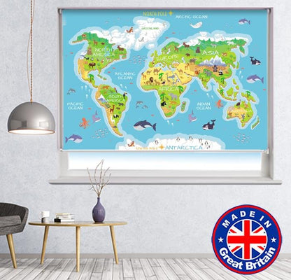 Kids cartoon World Map with Animals Printed Picture Photo Roller Blind - RB786 - Art Fever - Art Fever
