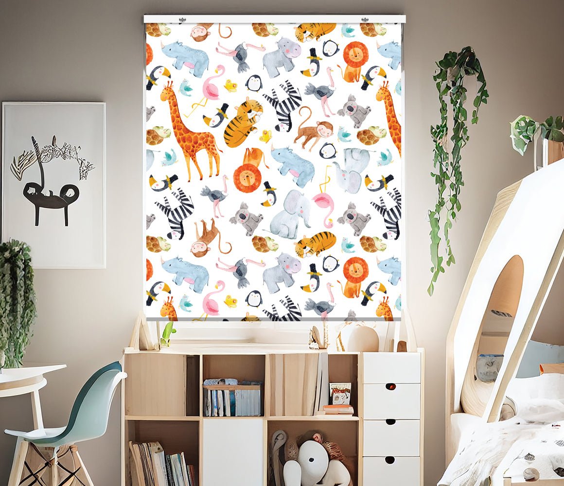Kids Safari Animals Watercolour EasyBlock Printed Cordless Blackout Blind with Toggle attachment - EB44 - Art Fever - Art Fever