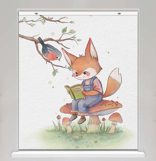 Kids The Reading Fox and Bird Illustration EasyBlock Printed Blackout Blind with Toggle attachment - EB12 - Art Fever - Art Fever