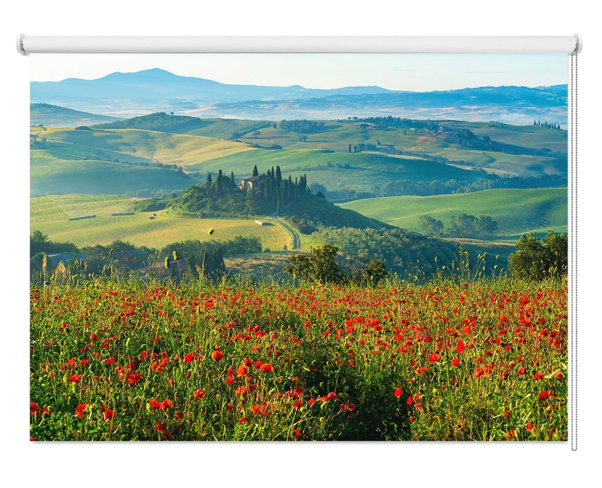 Landscape Of Hilly Tuscany In Italy In The Summer With The Red Poppy Field Printed Picture Photo Roller Blind - RB1145 - Art Fever - Art Fever