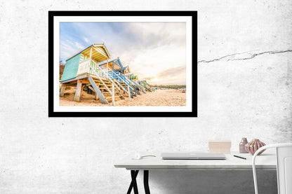 Long Line Of Colorful Beach Huts At Sunset Framed Mounted Print Picture - FP17 - Art Fever - Art Fever