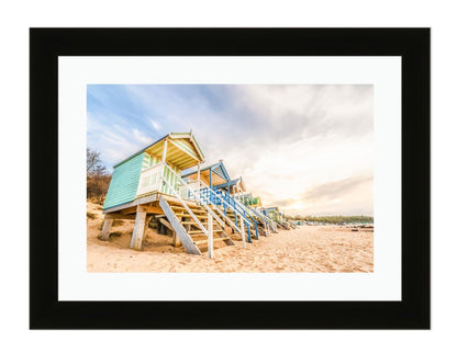 Long Line Of Colorful Beach Huts At Sunset Framed Mounted Print Picture - FP17 - Art Fever - Art Fever