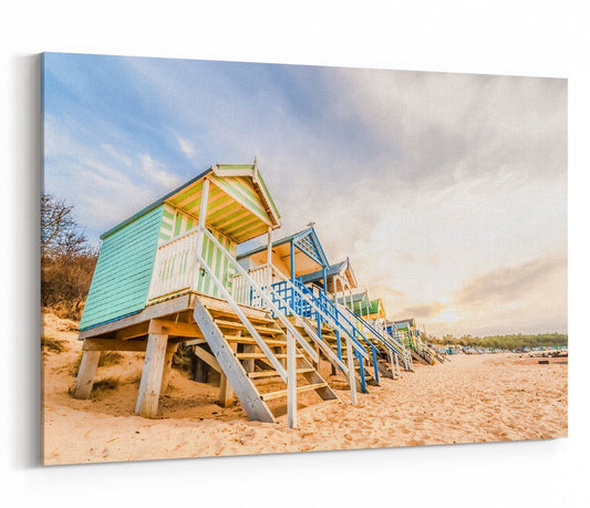 Long Line Of Colorful Beach Huts At Sunset Printed Canvas Print Picture - SPC220 - Art Fever - Art Fever