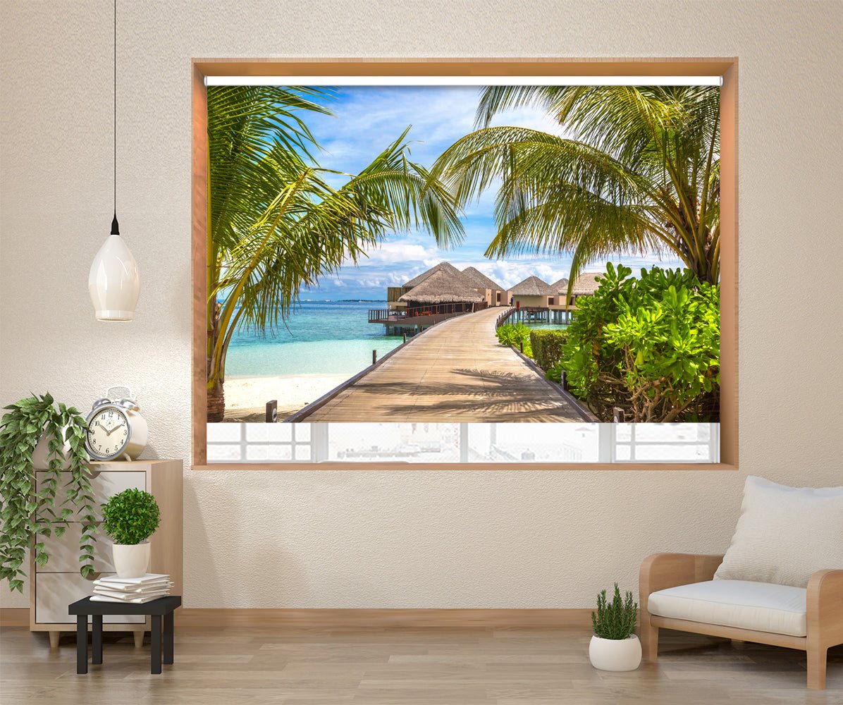 Maldives Water Villas and Tropical Beach Printed Picture Photo Roller Blind - RB1282 - Art Fever - Art Fever