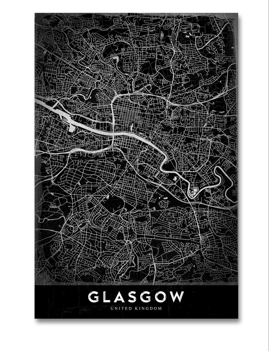 Map of Glasgow Monochrome Canvas Print Wall Art Picture - 1X2410547 - Art Fever - Art Fever