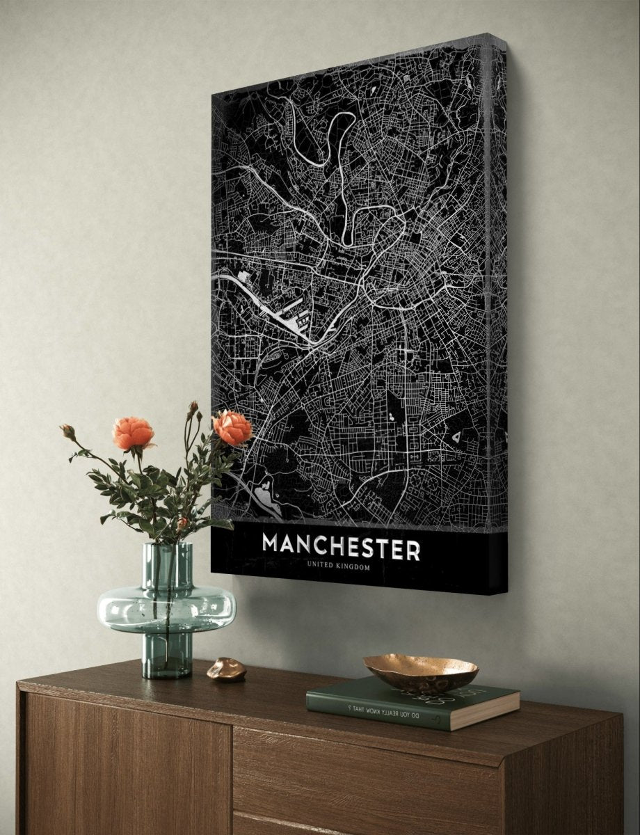 Map of Manchester Monochrome Canvas Print Wall Art Picture - 1X2401714 - Art Fever - Art Fever