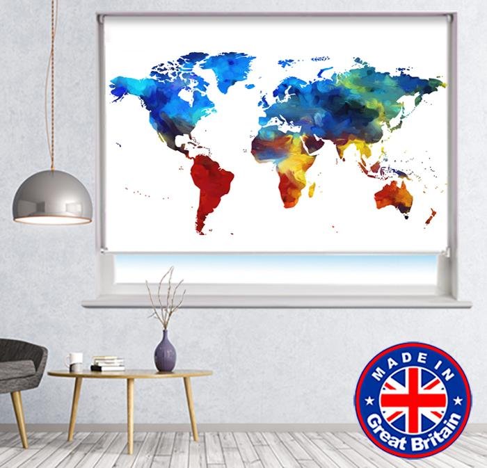 Map of the World Paint Brush Style Printed Picture Photo Roller Blind - RB780 - Art Fever - Art Fever