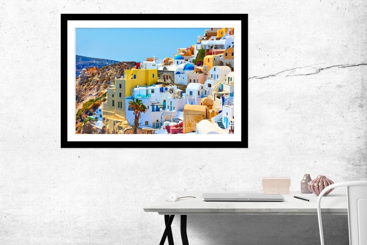 Multicoloured Houses On The Slope In Ia Town In Santorini, Greece Framed Mounted Print Picture - FP64 - Art Fever - Art Fever
