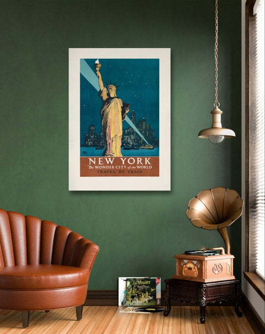 New York, the Wonder City of the World Travel By Train (1927) Vintage Travel Poster Canvas Print Picture Wall Art - 1X2565618 - Art Fever - Art Fever