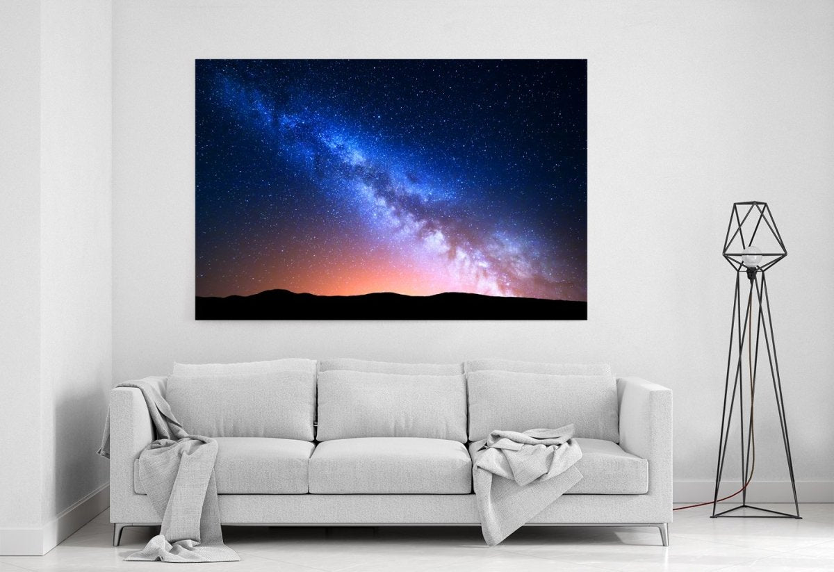 Night Sky With Colorful Milky Way And Yellow Light At Mountains Canvas Print Picture - SPC248 - Art Fever - Art Fever