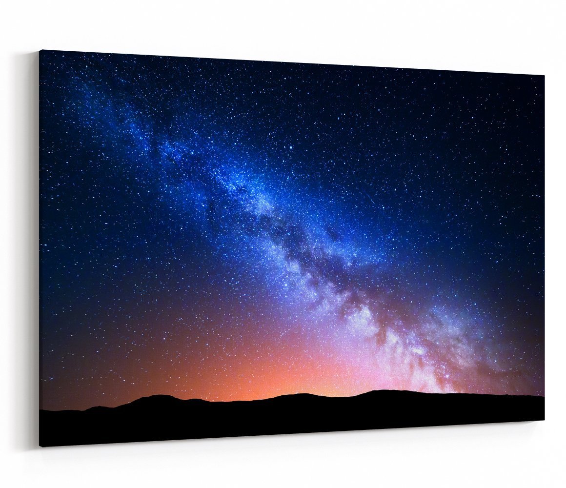 Night Sky With Colorful Milky Way And Yellow Light At Mountains Canvas Print Picture - SPC248 - Art Fever - Art Fever