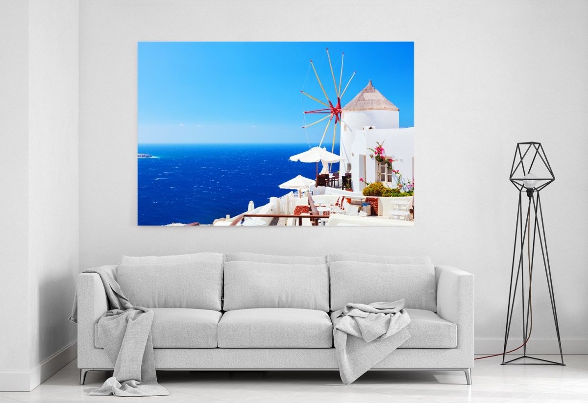 Oia Town On Santorini Island, Greece. Famous Windmills On Cliff Over The Caldera Canvas Print Picture - SPC272 - Art Fever - Art Fever