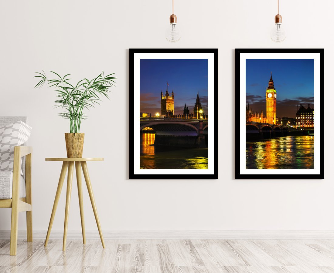 Panoramic Of London With Big Ben And Houses Of Parliament Set of 2 x Framed Mounted Prints - FP83 - Art Fever - Art Fever