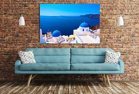 Panoramic View With Greek Orthodox Church With Blue Domes In Oia Village In Santorini Island Image Printed Onto A Single Panel Canvas - SPC15 - Art Fever - Art Fever
