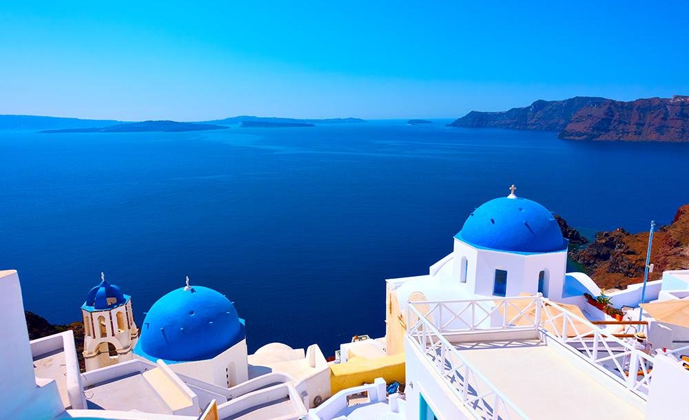 Panoramic View With Greek Orthodox Church With Blue Domes In Oia Village In Santorini Island Printed Photo Picture Roller Blind - RB726 - Art Fever - Art Fever