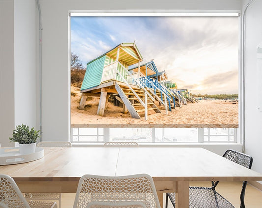 Printed Picture Photo Roller Blind Long Line Of Colorful Beach Huts At Sunset - RB1015 - Art Fever - Art Fever