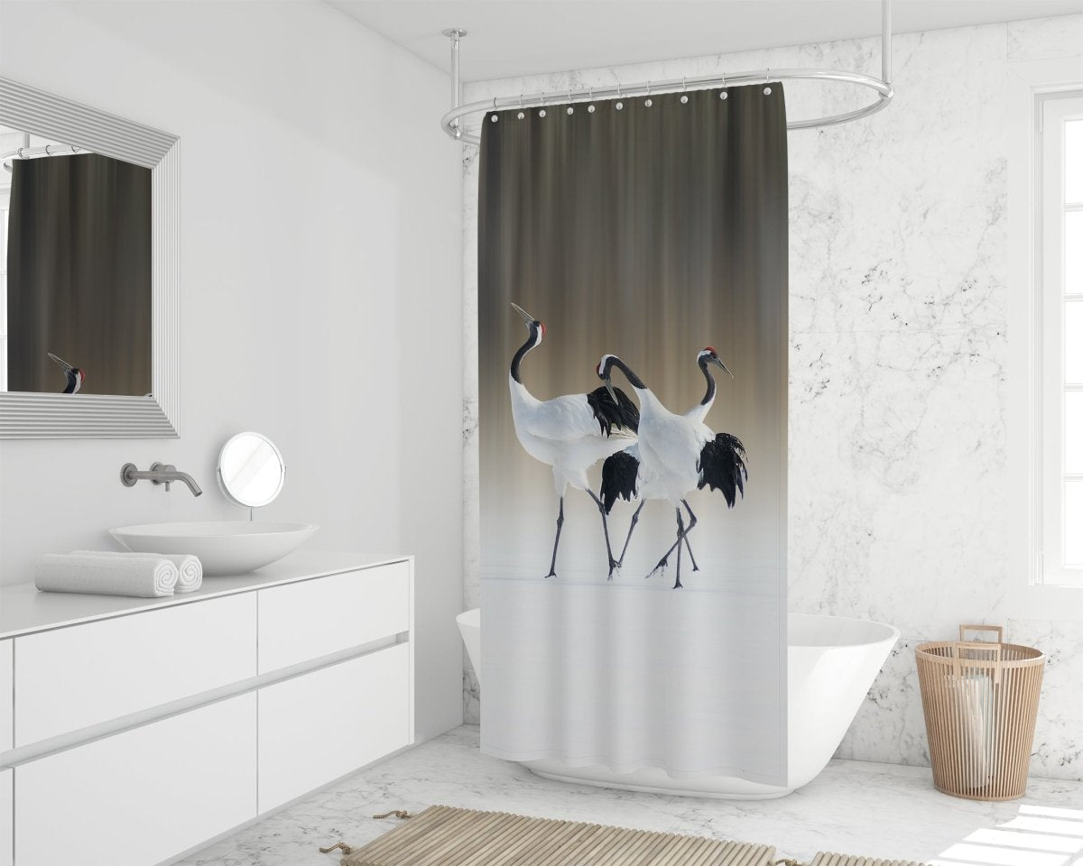 Printed Shower Curtains Red Crested White Cranes Birds Custom Bathroom Art Fever