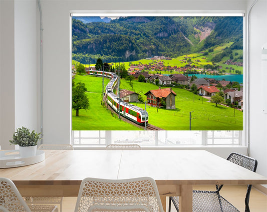 Red Train Through Village Lungern, Switzerland Printed Picture Photo Roller Blind - RB1281 - Art Fever - Art Fever
