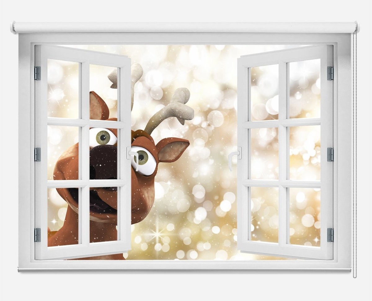 Reindeer Looking Through The Window Christmas Scene Printed Picture Photo Roller Blind - RB1049 - Art Fever - Art Fever