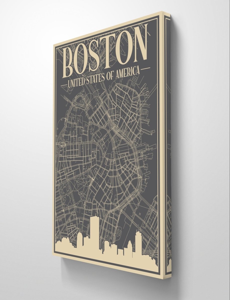 Retro Map of Boston USA Aerial View Canvas Print Picture Wall Art - SPC279 - Art Fever - Art Fever