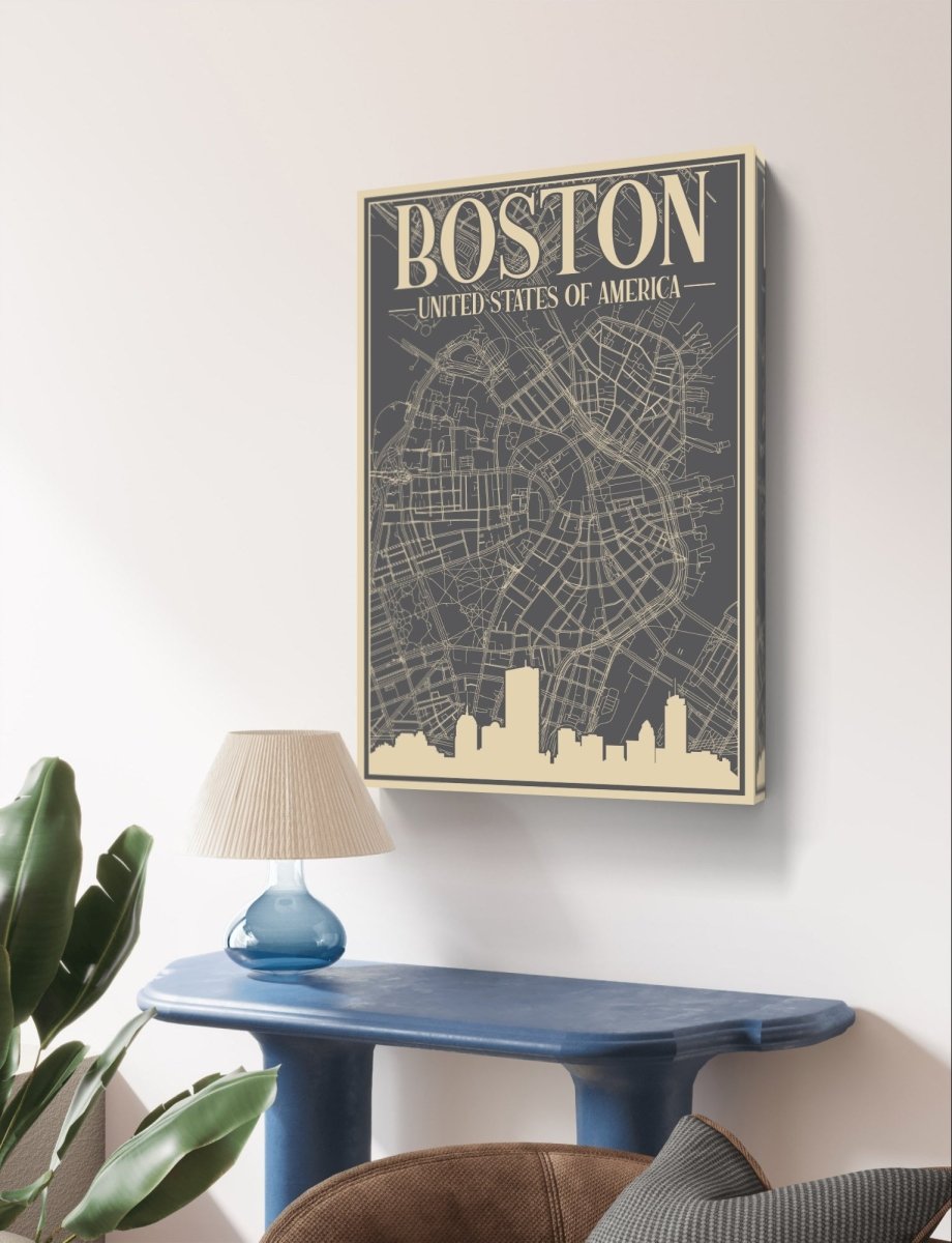 Retro Map of Boston USA Aerial View Canvas Print Picture Wall Art - SPC279 - Art Fever - Art Fever