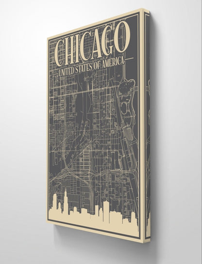 Retro Map of Chicago USA Aerial View Canvas Print Picture Wall Art - SPC282 - Art Fever - Art Fever